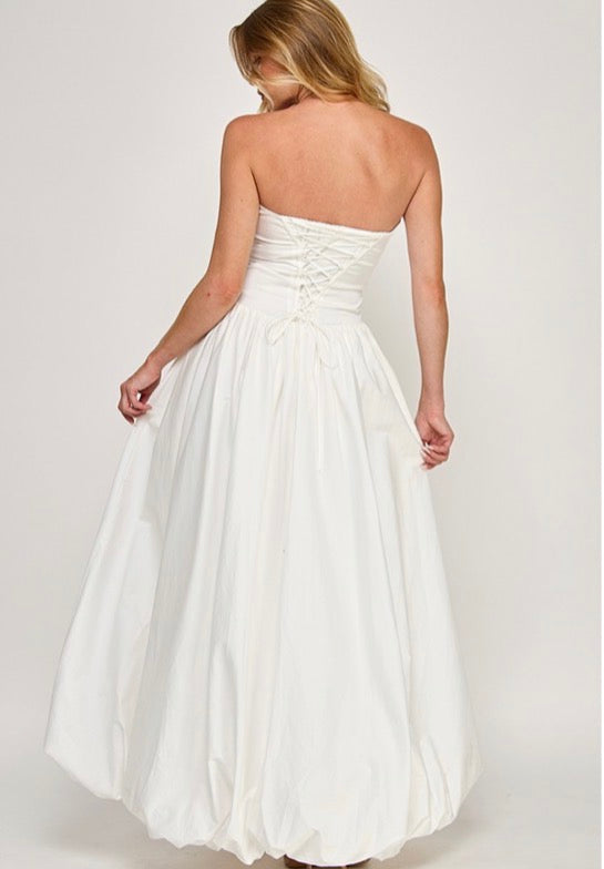 STRAPLESS BUBBLE SKIRT MAXI DRESS
