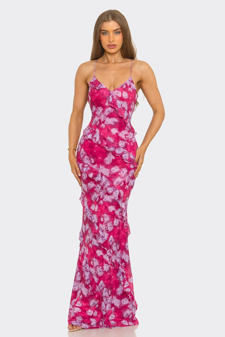 FLORAL MESH PRINT RUFFLED DETAIL LACE UP BACK MAXI DRES
