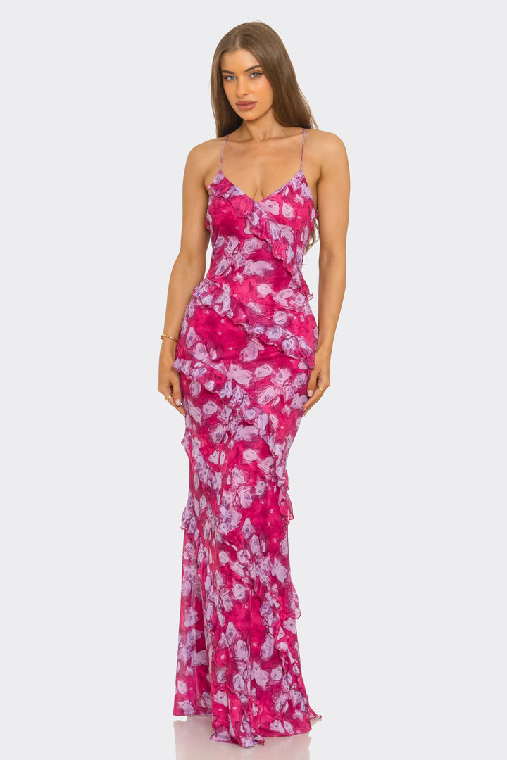FLORAL MESH PRINT RUFFLED DETAIL LACE UP BACK MAXI DRES