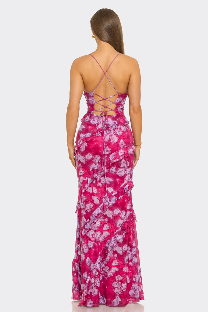 FLORAL MESH PRINT RUFFLED DETAIL LACE UP BACK MAXI DRES