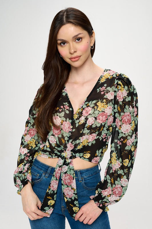 Rose Print Knotted Tie Button Down Top