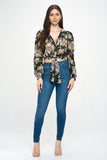 Rose Print Knotted Tie Button Down Top