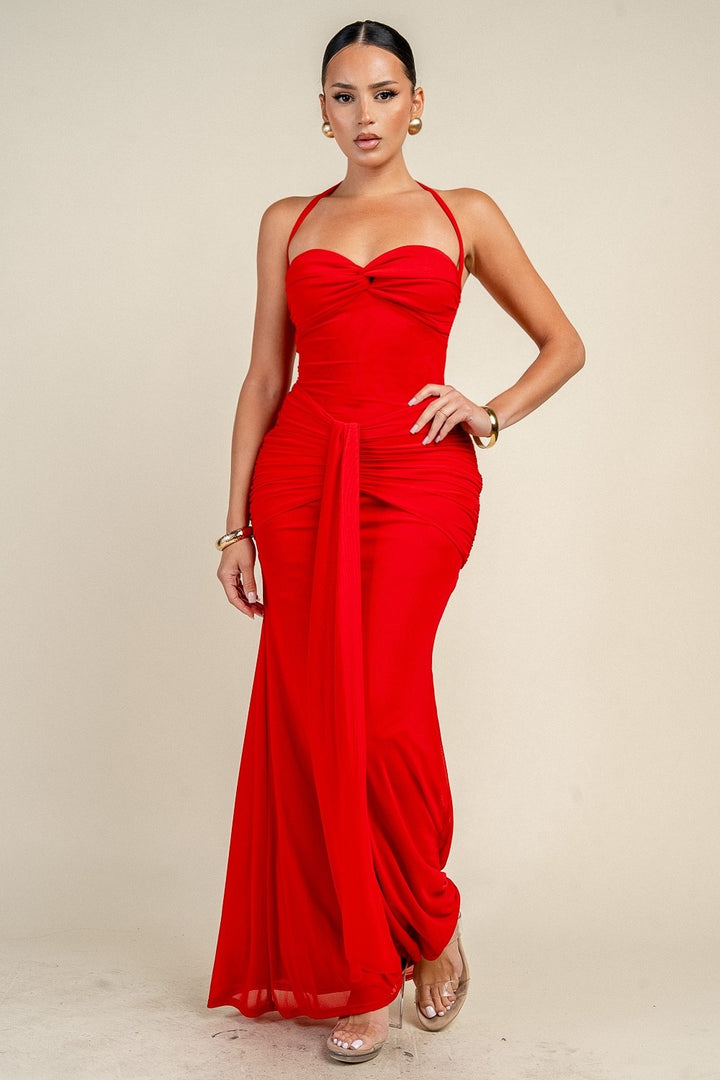 HALTER NECKLINE MAXI DRESS W/ TWISTED SWEETHEART BUST