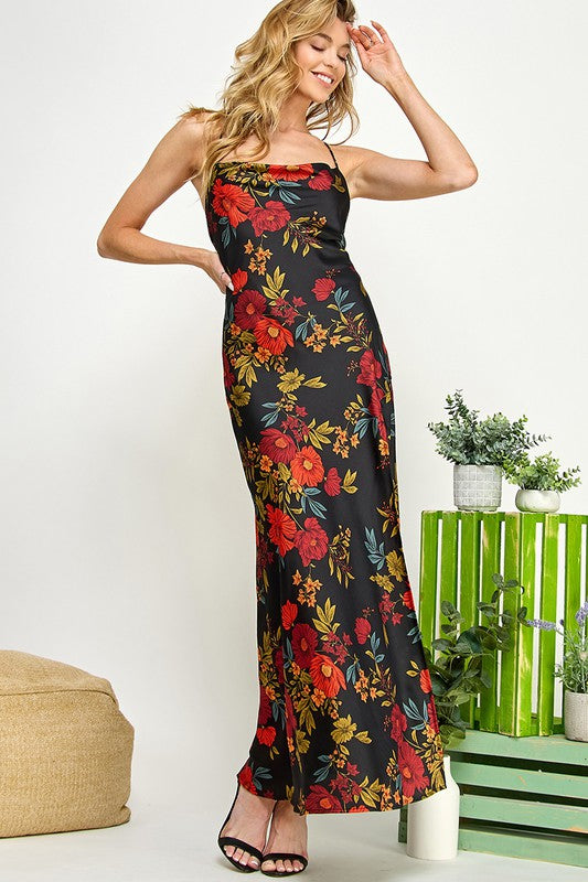 FLORAL COWL NECK MIDI DRESS