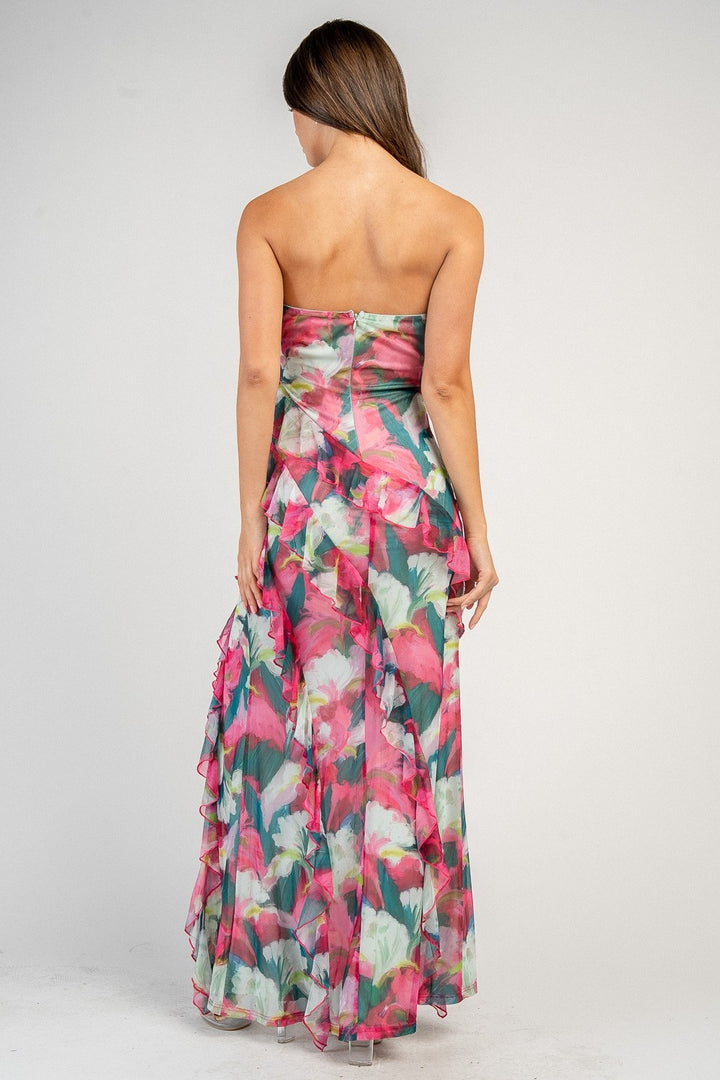 FLORAL MAXI DRESS W/ FLAT RUFFLE DETAILS AND MERROW EDGE FINISH