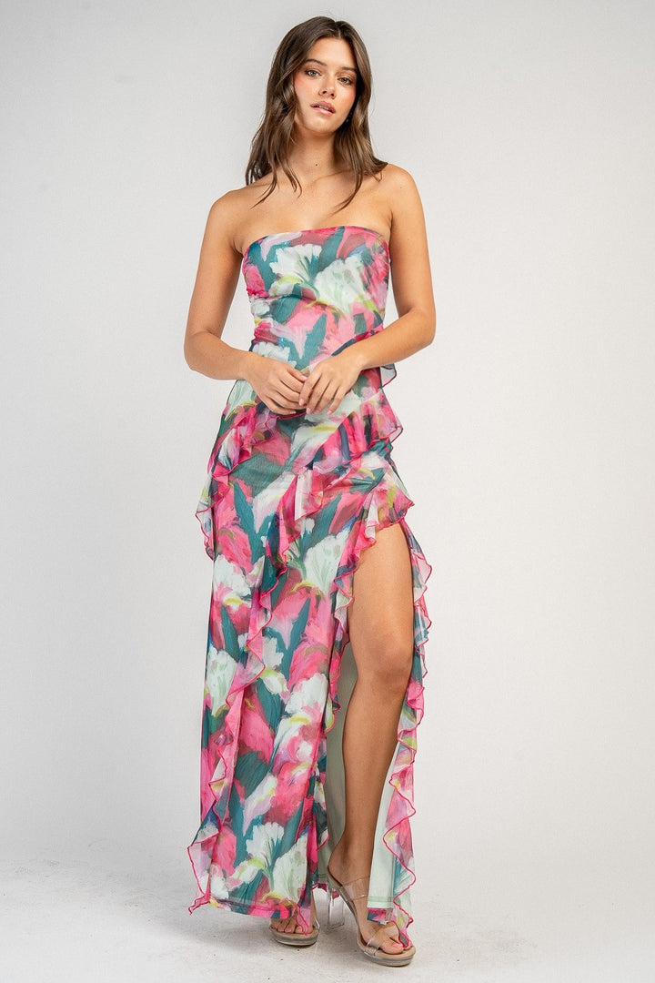 FLORAL MAXI DRESS W/ FLAT RUFFLE DETAILS AND MERROW EDGE FINISH
