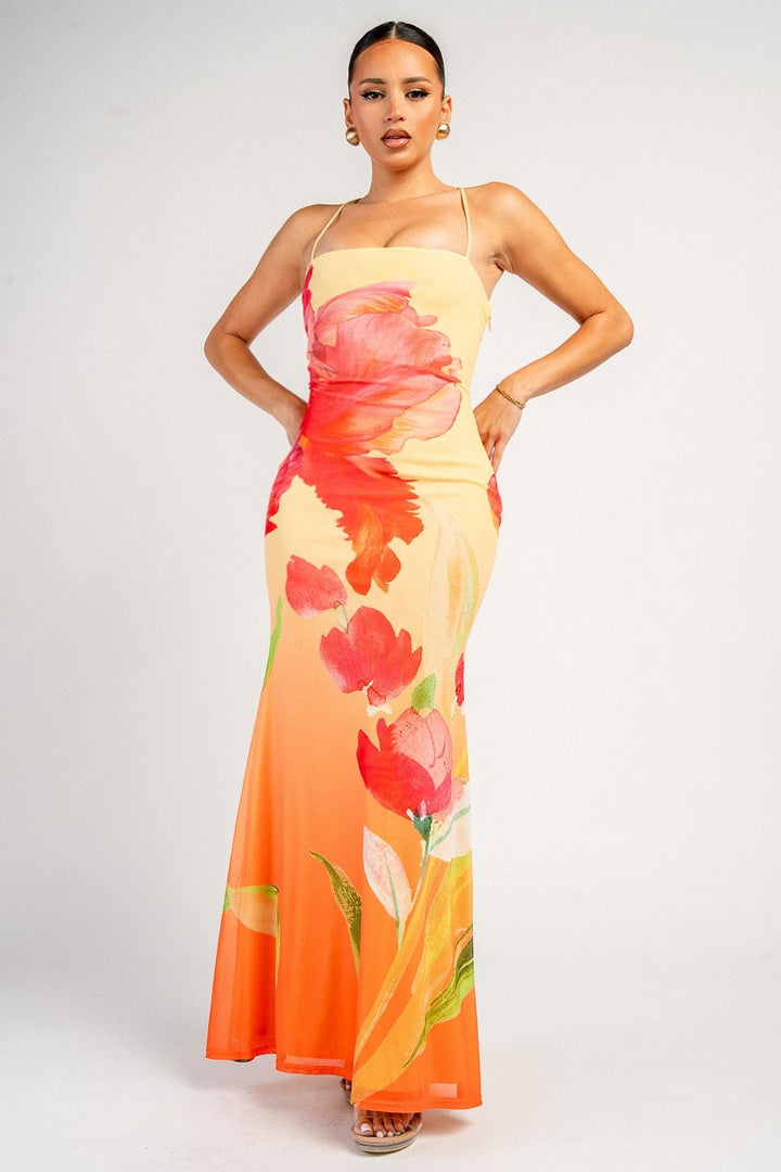 PRINTED MAXI DRESS W/ LACE-UP BACK DETAIL