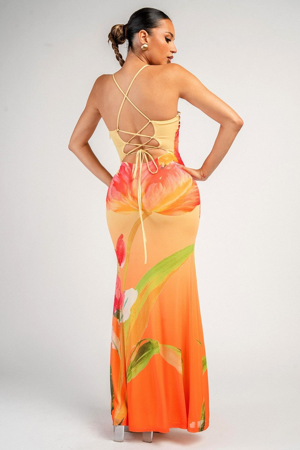 PRINTED MAXI DRESS W/ LACE-UP BACK DETAIL
