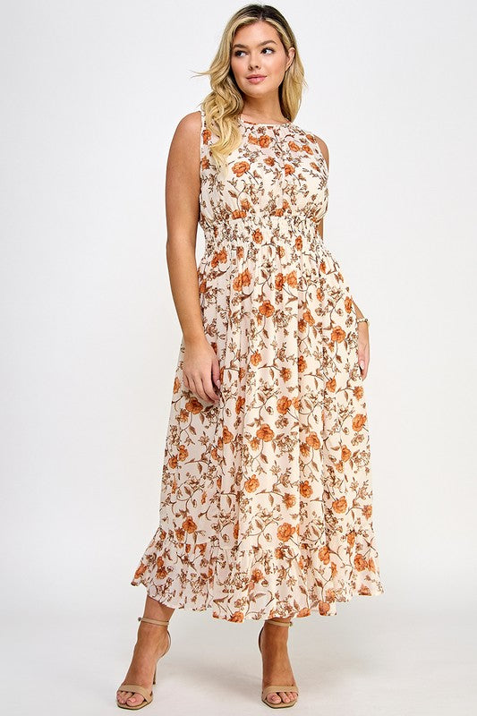 FLORAL CHIFFON MIDI DRESS