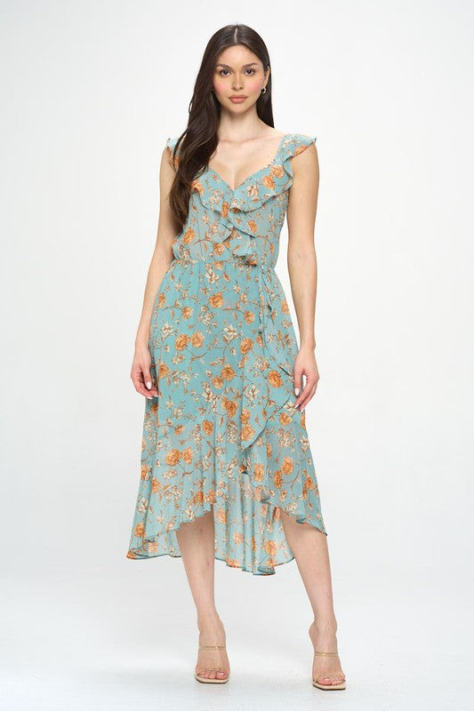 FLORAL RUFFLE WRAP MIDI DRESS