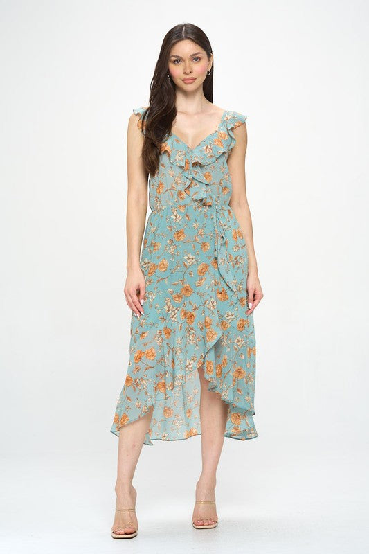 FLORAL RUFFLE WRAP MIDI DRESS