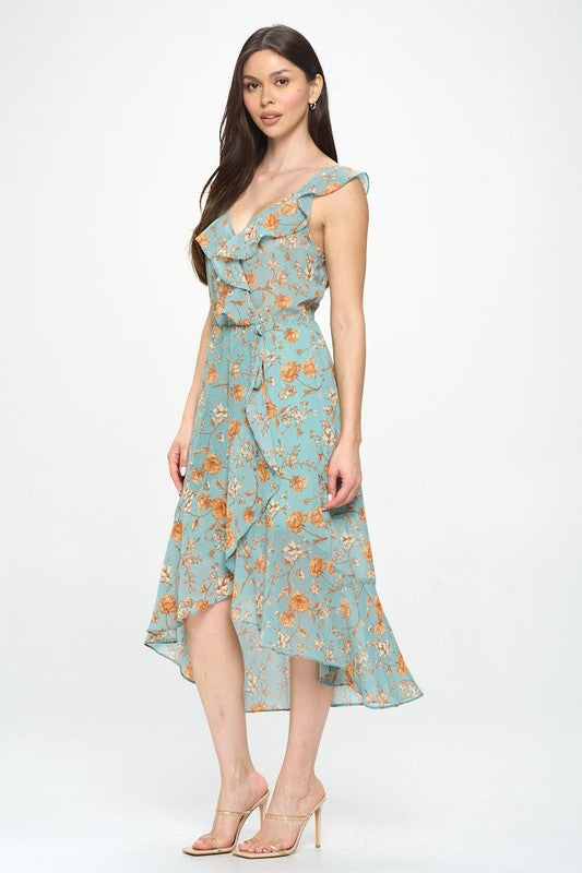 FLORAL RUFFLE WRAP MIDI DRESS