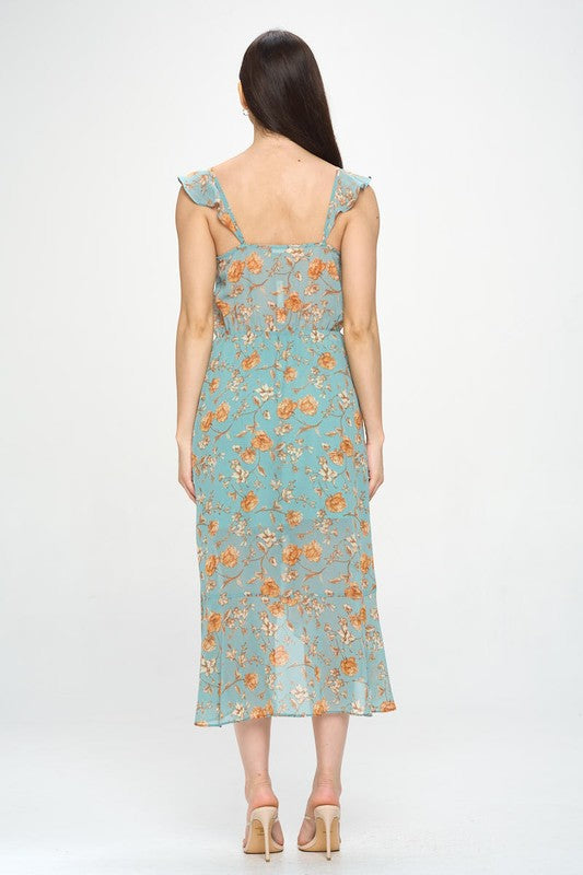 FLORAL RUFFLE WRAP MIDI DRESS