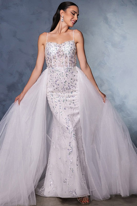 SEQUIN BEADED GOWN WITH DETACHABLE TRAIN