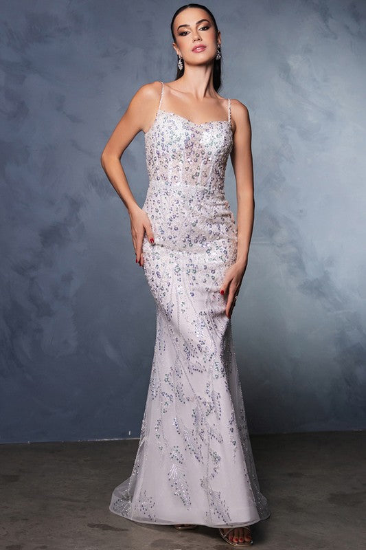 SEQUIN BEADED GOWN WITH DETACHABLE TRAIN
