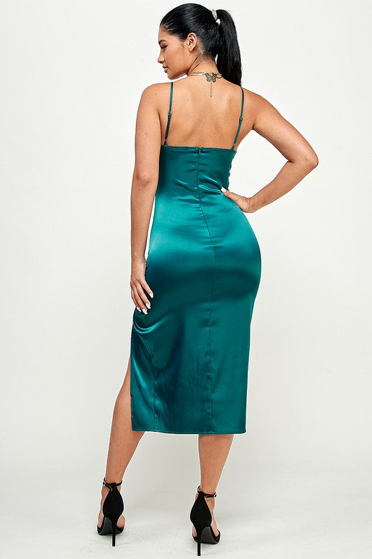 Solid Satin Front Knot Midi Bodycon Dress