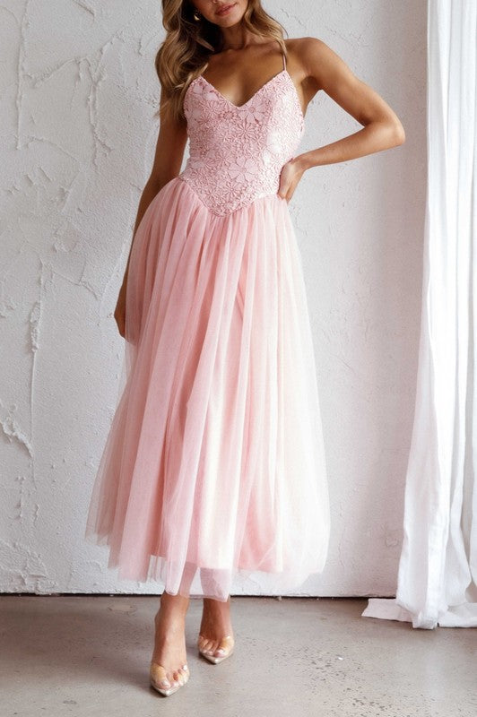 LACE FLORAL AND TULLE MIDI DRESS