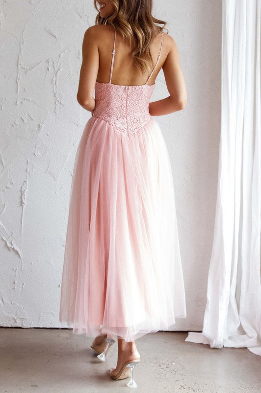 LACE FLORAL AND TULLE MIDI DRESS