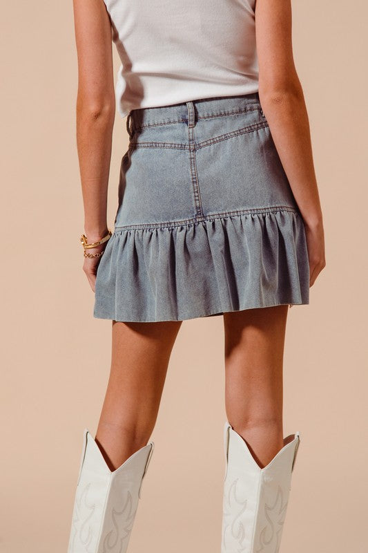 RUFFLED HEM DENIM SKIRT