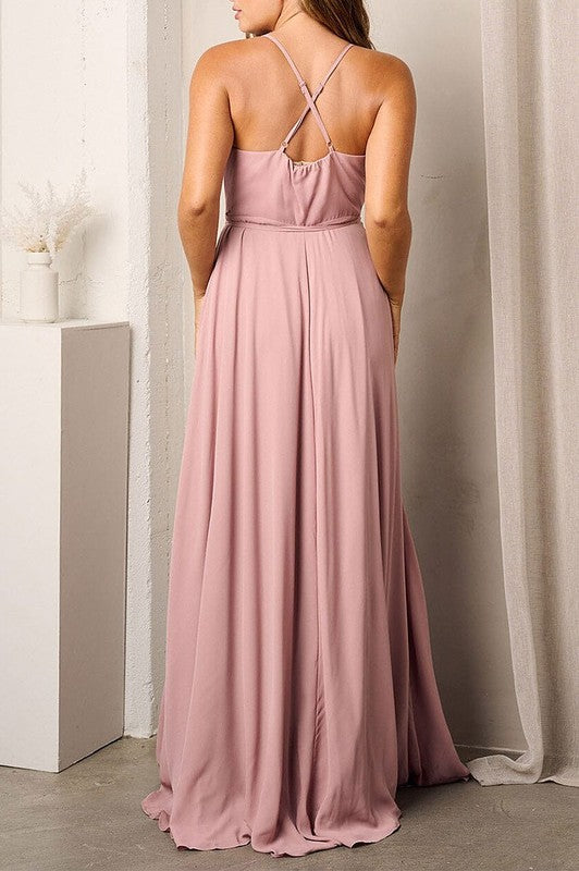 SLEEVELESS SURPLICE SELF TIE MAXI DRESS