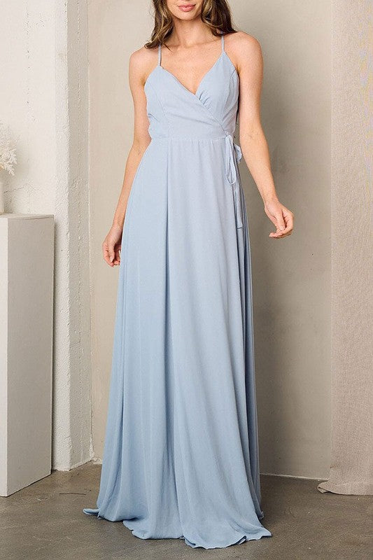 SLEEVELESS SURPLICE SELF TIE MAXI DRESS