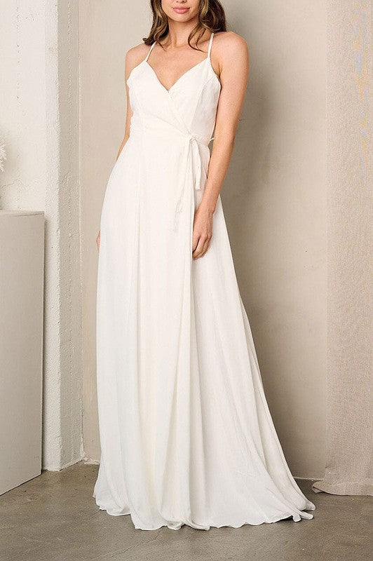 SLEEVELESS SURPLICE SELF TIE MAXI DRESS