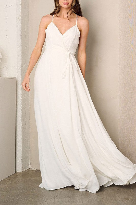 SLEEVELESS SURPLICE SELF TIE MAXI DRESS
