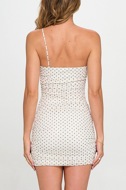 MCKENNA POLKA DOT BOW ONE-SHOULDER MINI DRESS