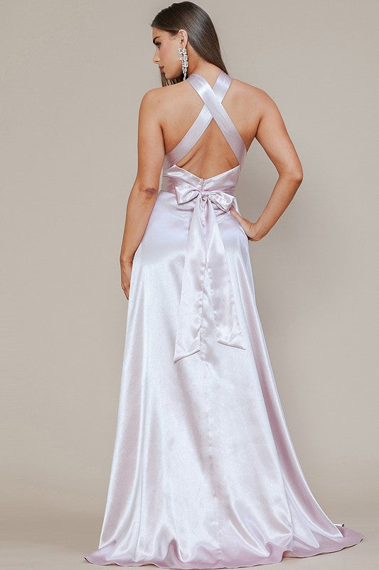 SATIN HALTER OPEN BACK MAXI GOWN