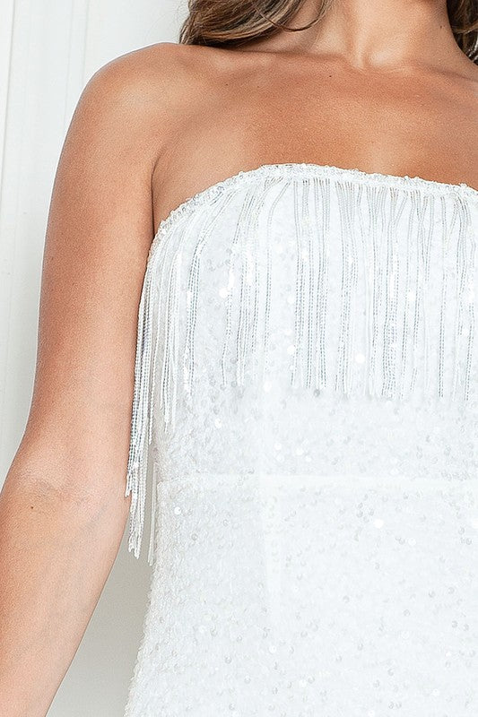 STRAPLESS SEQUIN FRINGE DETAIL MINI DRESS