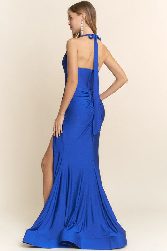 HALTER RUCHED GOWN WITH SLIT