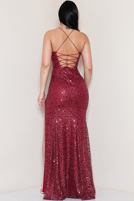 VNECK SEQUIN MAXI DRESS WITH LACE UP BACK