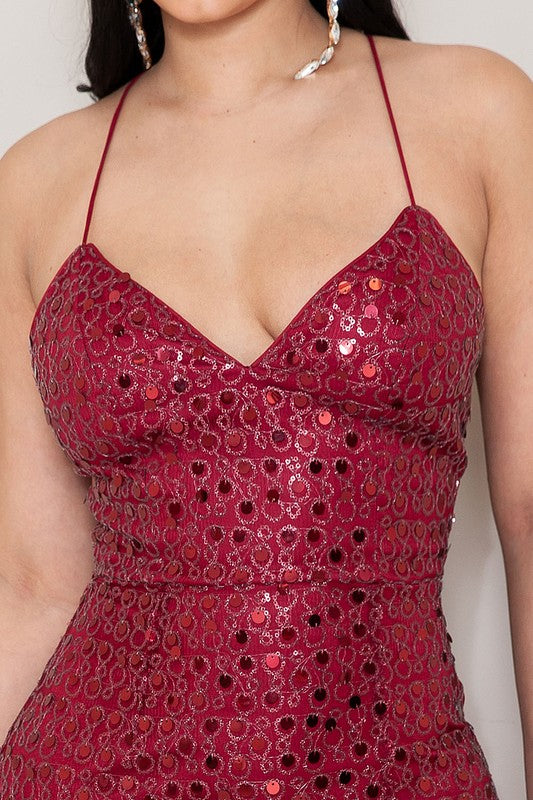 VNECK SEQUIN MAXI DRESS WITH LACE UP BACK