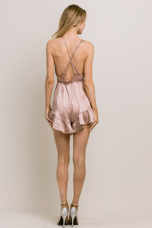 SATIN WRAP RUFFLE ROMPER DRESS