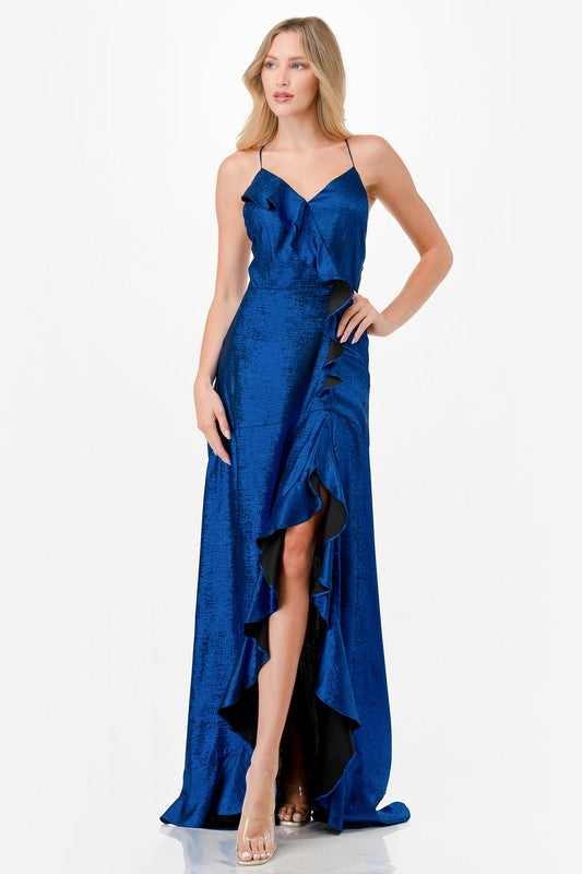 METALLIC RUFFLE MAXI DRESS