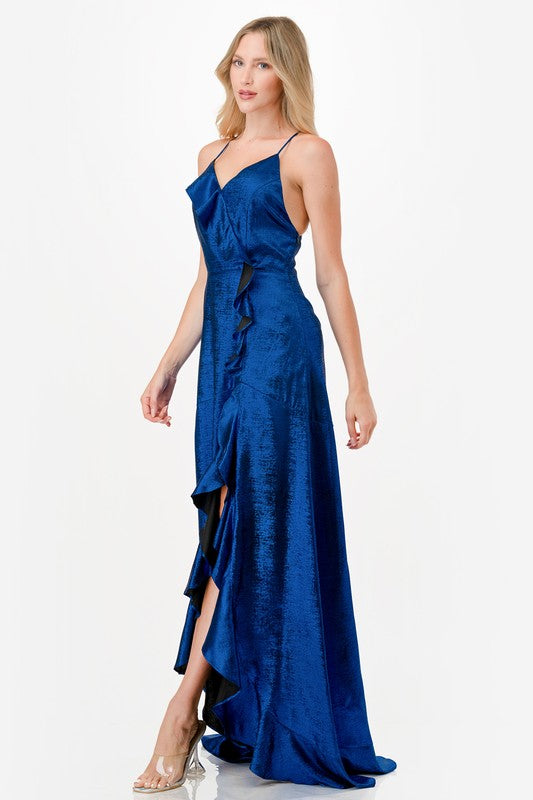 METALLIC RUFFLE MAXI DRESS