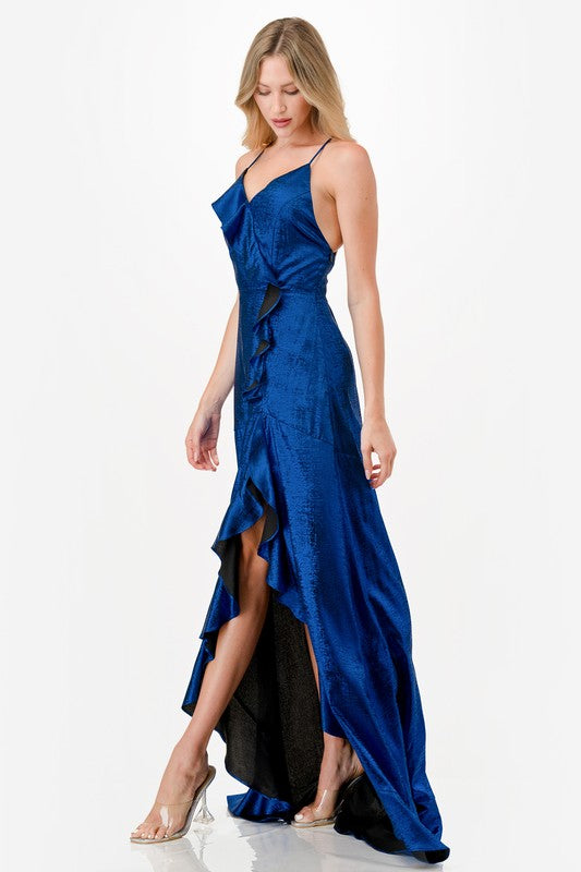 METALLIC RUFFLE MAXI DRESS
