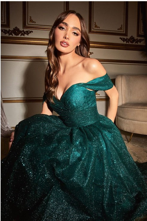 MALLORY OFF THE SHOULDER GLITTER TEA LENGTH DRESS