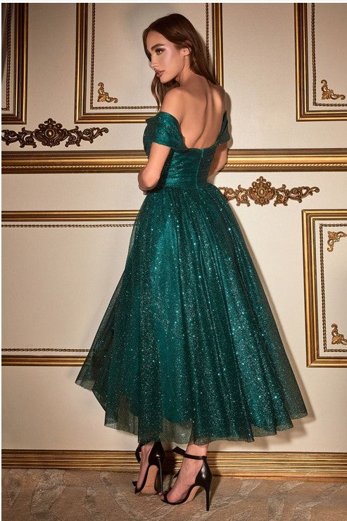 MALLORY OFF THE SHOULDER GLITTER TEA LENGTH DRESS