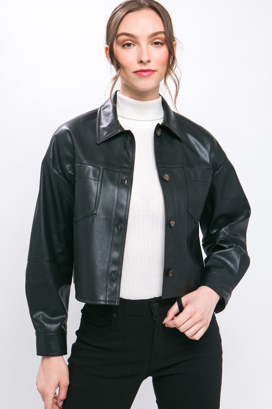 NARA CROPPED FAUX LEATHER BUTTON DOWN