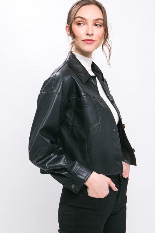 NARA CROPPED FAUX LEATHER BUTTON DOWN
