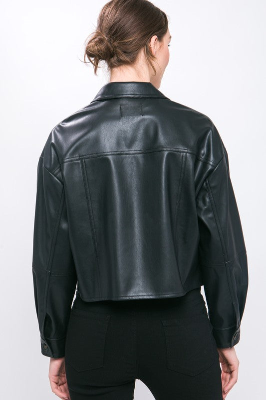 NARA CROPPED FAUX LEATHER BUTTON DOWN