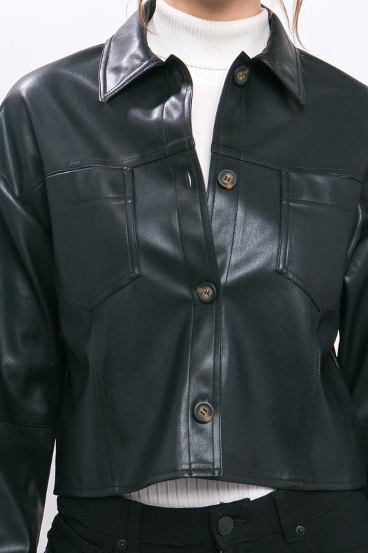 NARA CROPPED FAUX LEATHER BUTTON DOWN