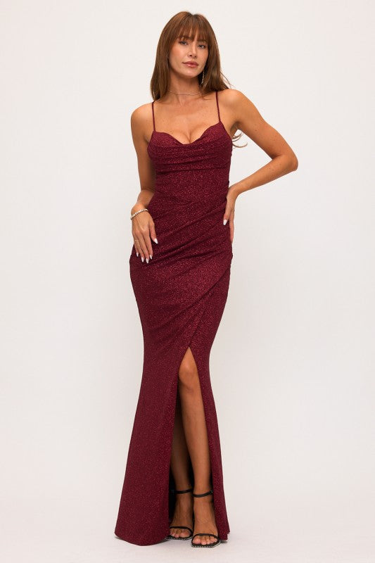 GLITTER COWL PLEATED MAXI DRESS