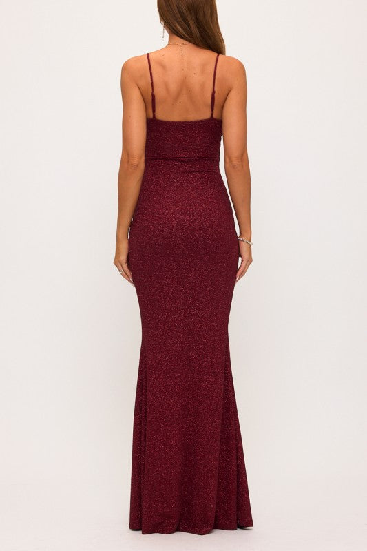 GLITTER COWL PLEATED MAXI DRESS