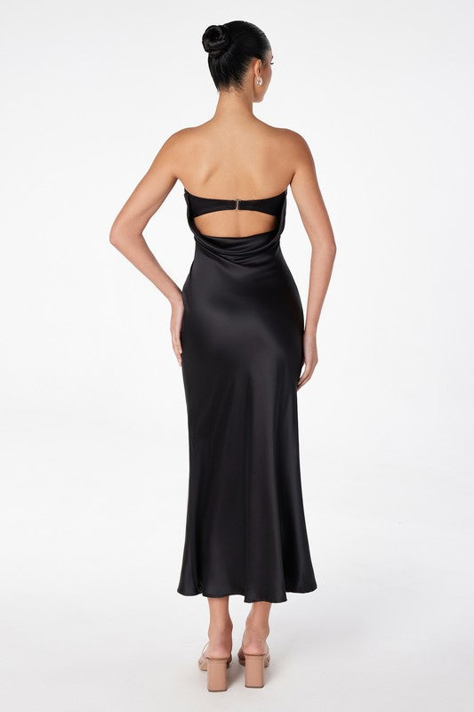 STRAPLESS SATIN MIDI DRESS