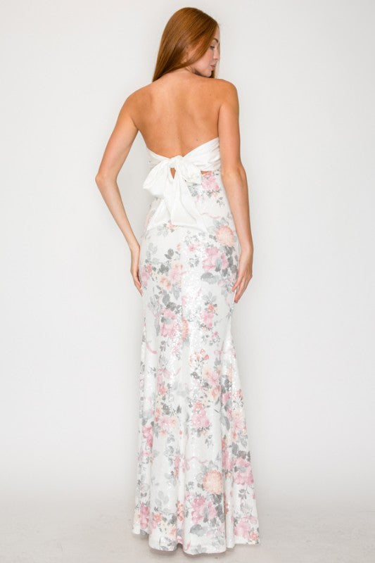 FLORAL SATIN / SEQUIN MAXI GOWN