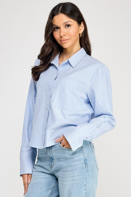 CROP PINSTRIPE BUTTON DOWN SHIRT