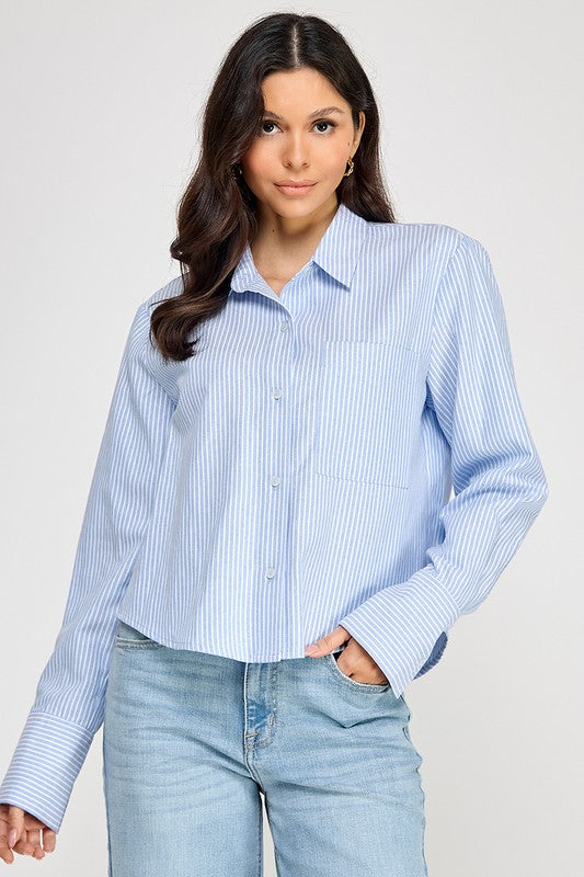 CROP PINSTRIPE BUTTON DOWN SHIRT
