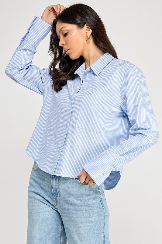 CROP PINSTRIPE BUTTON DOWN SHIRT